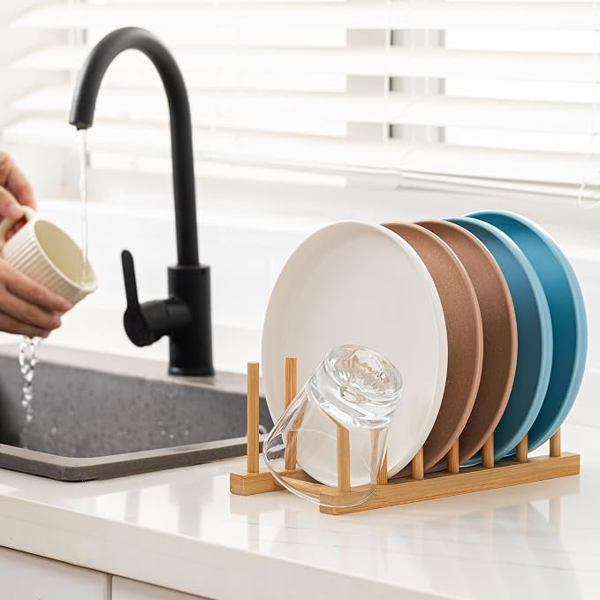 HBlife Bamboo Dish Plate Bowl Cup Book Pot Lid Cutting Board Drying Rack Stand Drainer Storage Holder Organizer Kitchen Cabinet（Keep Dry） - Image 4