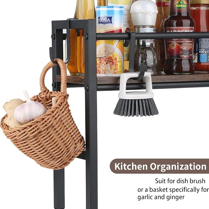 Meangood Spice Rack Shelf for Kitchen Stove, Over the Stove Shelf with 4 Hooks Extra Storage Countertop, Rustic Wood & Solid Metal Commbined Stove Shelf for Storage Seasoning, Easy to Assemble - Image 6