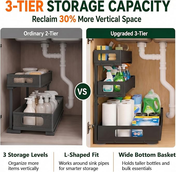 3 Tier Under Sink Organizer,2 Pack Pull Out Cabinet Shelves with Adjustable Height,Heavy Duty Carbon Steel L-Shaped Storage for Kitchen Bathroom Sink,Pantry & Laundry,Black - Image 5