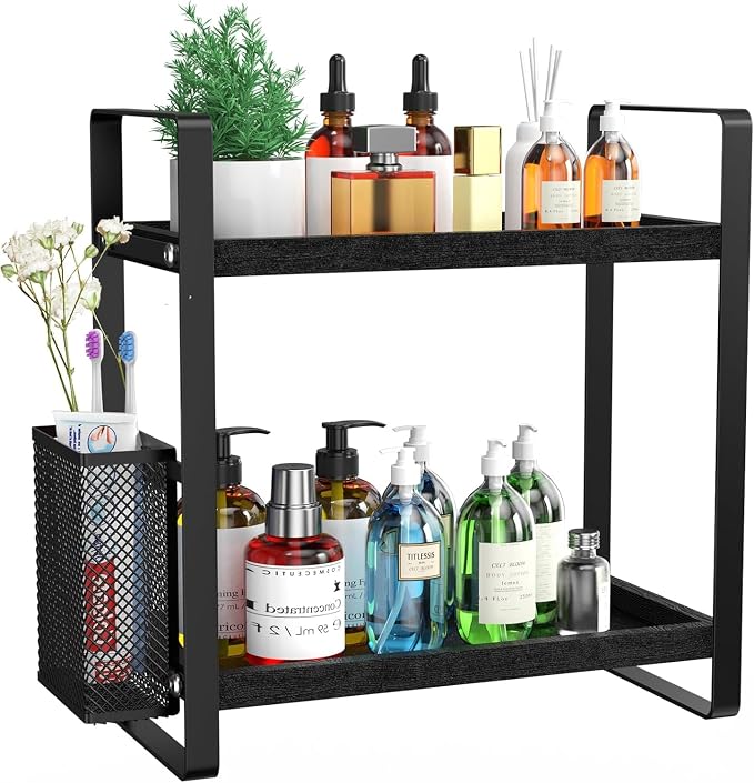 Bathroom Organizer Countertop, Counter Organizer for Bathroom Decor, Wooden Sink Shelf for Vanity Storage, Makeup Tray for Perfume Skincare Bedroom Kitchen Corner (Black) by LemikkleDirect