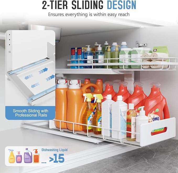 Under Sink Organizer Upgrade To Professional Rails,2-Tier Dual Pull Out Cabinet Storage,Height Adjustable Slide Out Drawers For Bathroom Kitchen,2 Pack-21"Dx12.8"-16.9"H,White - Image 5