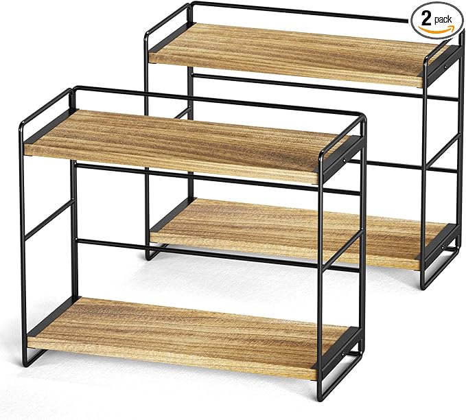 SRIWATANA 2-Tier Bathroom Counter Organizer, Set of 2, Carbonized Black | Wood Countertop Organizer, Kitchen Spice Rack, Vanity Skincare Organizer, Stable Counter Shelf for Bathroom Makeup Storage by SRIWATANA