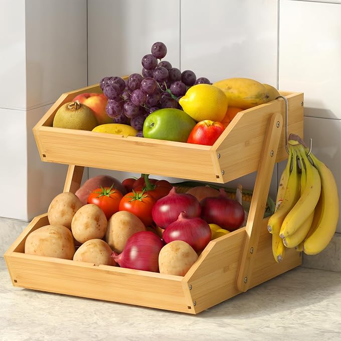2-Tier Bamboo Fruit Basket with 2 Banana Holders | Large tiered organizer for bread, snacks, veggies. Sturdy bamboo, includes mats & dividers. Easy to assemble. by Sevenblue