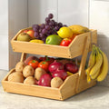 2-Tier Bamboo Fruit Basket with 2 Banana Holders | Large tiered organizer for bread, snacks, veggies. Sturdy bamboo, includes mats & dividers. Easy to assemble. by Sevenblue