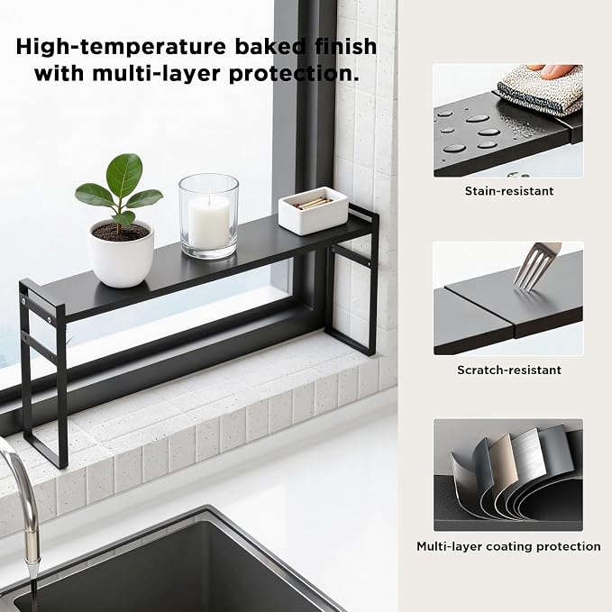 Expandable Narrow Shelf Organizer with 2-Level Adjustable Height | Black, Tall Countertop Organizer for Tight Spaces, Windowsill Plant Stand, Over-Sink/Faucet Shelf, Kitchen Counter Storage - Image 7
