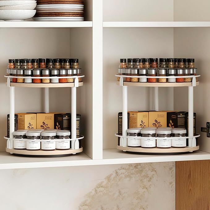 Lazy Susan Organizer, Rotating Spice Rack, 2 Tier Spice Turntable Organizer, Industrial Turntable Spice Holder, for Kitchen Countertop, Compact and Versatile, White and Light Oak SR22WG - Image 2