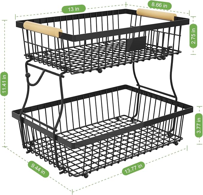 2 Tier Fruit Basket for Kitchen Counter with 2 Banana Hangers, Countertop Metal Bread Basket with Wooden Handle, Large Storage Stand for Vegetables, Snacks, Eggs, Produce Storage – Black - Image 4