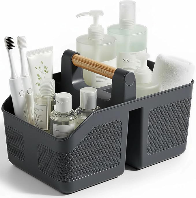Plastic Shower Caddy Portable Shower Basket with Bamboo Handle, Dark Gray | Cleaning Caddy Organizer Storage Tote for Bathroom, College Dorm Essentials, Bath Toy Storage by rejomiik