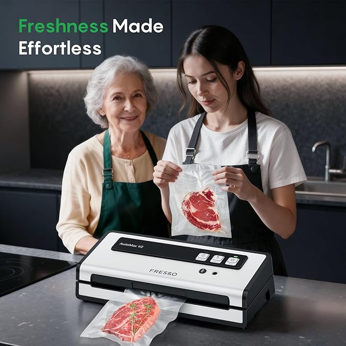 FRESKO Vacuum Sealer Machine with Automatic Bag Detection, Compact Design | 0.2-inch Widened Heating Strip, Food Vacuum Sealer for Dry & Moist Food Storage, Suitable for Sous Vide, 10 Pre-Cut Bags - Image 8