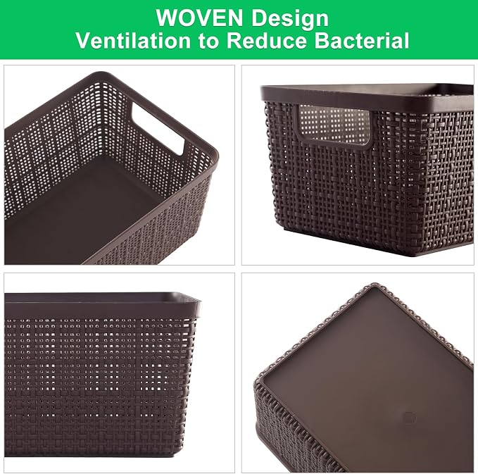 6 Pack Plastic Storage Baskets with Lid,Brown Stackable Bins | Durable Woven Plastic With handle Breathable,Save space ,For Organizing Desktops, Closets, Playrooms, Classrooms, Offices - Image 2