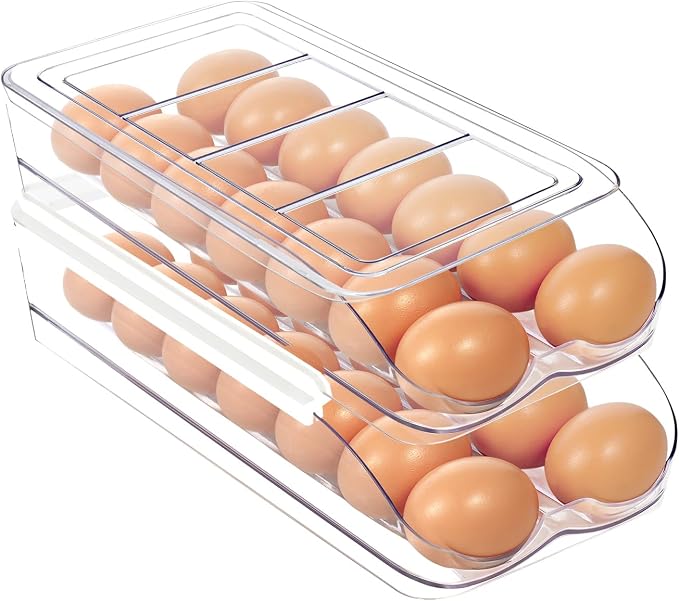 MesRosa Egg Holder for Fridge, Automatic Rolling Egg Organizer -2 Layer | Stackable Clear Egg Container & Tray for Refrigerator, Durable Dispenser and Storage with Sturdy Lid to Saving Space by MesRosa