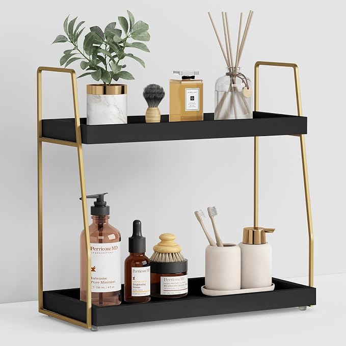 Forbena Black and Gold Bathroom Organizer Countertop, 2 Tier Counter Organizer for Bathroom Decor, Modern Sink Shelf Organizers for Vanity Storage, Make upTray for Makeup Bedroom by Forbena