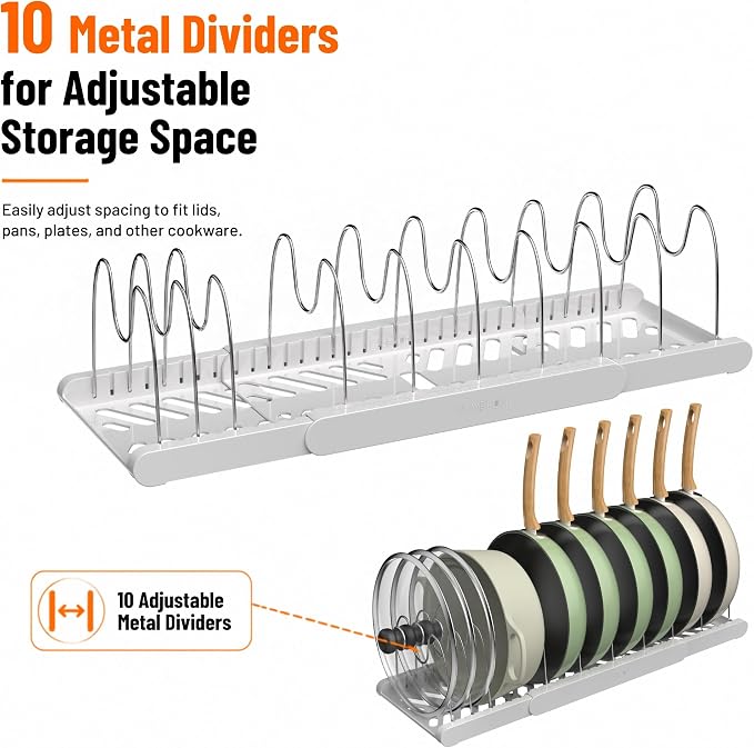 Expandable Pots and Pans Organizer Under Cabinet, Pan Organizer Rack with 9 Adjustable Slots, Pot Lid Holder for Cabinet, Countertop, Plates, Cutting Boards, Baking Sheets-White - Image 6