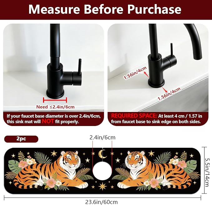 2 Pcs Tiger Kitchen Sink Splash Guard Faucet Mat Tropical Leaves Faucet Mat for Sinks Absorbing Drying Mats for Kitchen Bathroom, 23.6x5.5inch - Image 2