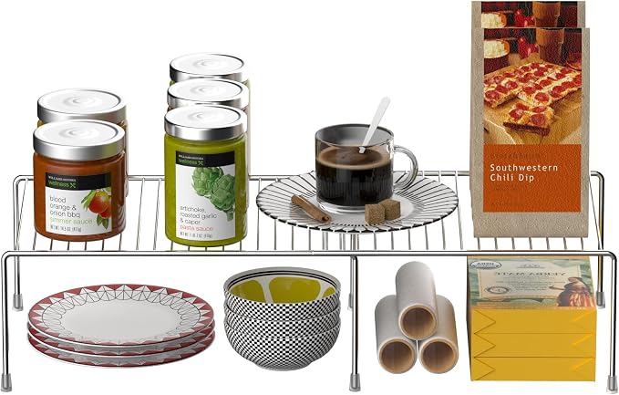 Kitchen Cabinet Expandable Shelf Organizers, Adjustable Metal Wire Pantry Storage Shelves, Plate Dish Organizer Rack for Cabinets, Cupboard, Counter, Freezer, Countertop, Chrome - Image 4