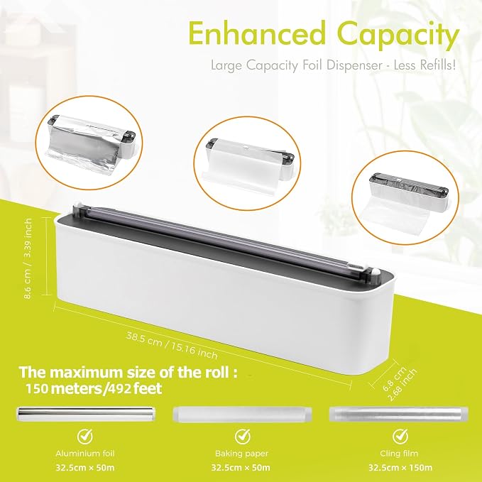 Aluminum Foil & Plastic Wrap Dispenser with Cutter - Magnetic & No-Drill Wall Mount, Cling Film Dispenser for Countertops & Cabinets, Space-Saving Kitchen Organizer - Fits 150 m Rolls, Black - Image 5