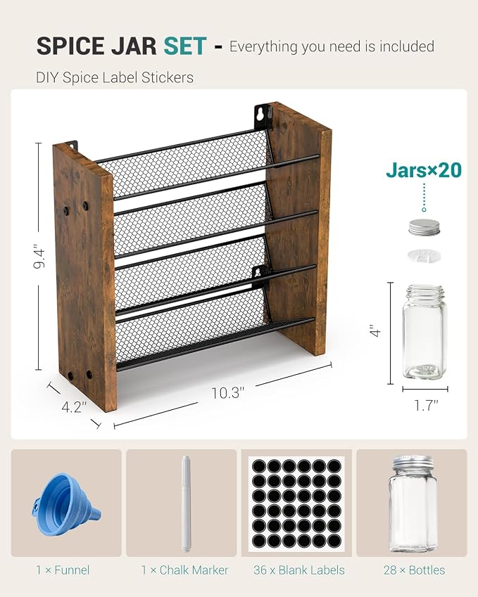 Spice Rack Organizer with 20 Glass Jars, for Cabinet Wall Mount Countertop | 4-Tier Seasoning Organizer with Labels, Chalk Marker & Funnel for Pantry, Kitchen Storage, Wood, 10.3 in W x 9.4 in H - Image 2