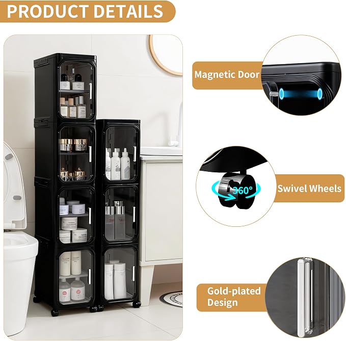 4-Tier Tall Narrow Slim Bathroom Storage Cabinet, Black | Tool Free Assembly, Adjustable Shelves, Fits for Narrow Spaces, Reinforced Stability, Magnetic Clear Door - Image 4