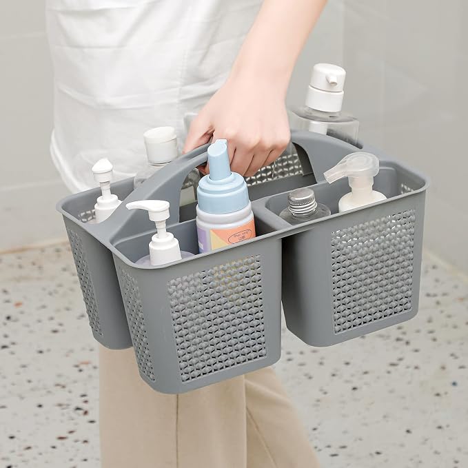 Plastic Portable Shower Caddy Basket with Handle, 3 Compartments, Grey | Storage Organizer with Drain Holes, Sturdy and Durable For Bathroom, Kitchen, College Dorm, Sink, Camping - Image 3