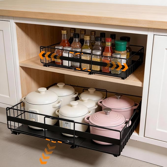 2 Pack Expandable Pull out Cabinet Organizer, Width (13"-21") 22" Deep Pull Out Drawers for Cabinets, Upgrade 3 Slide Rails Slide Out Drawers, No Drill Adjustable Roll Out Shelves (Black) by Unknown