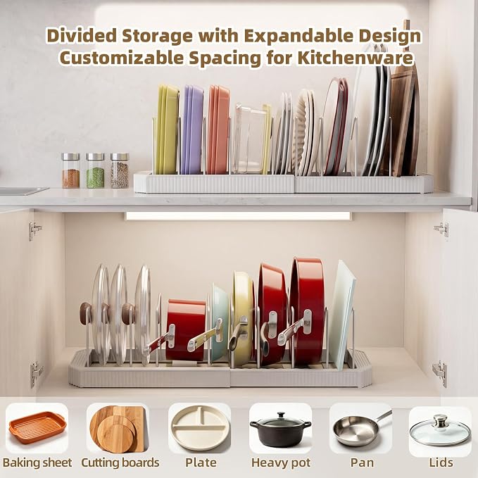 2-Pack Expandable Pot Lid Organizer, 22" Pot and Pan Holder | Adjustable, Under Cabinet, 10 Dividers, Inside Kitchen Cabinet Storage Rack for Baking Sheets, Cutting Boards, Cookware - Image 3