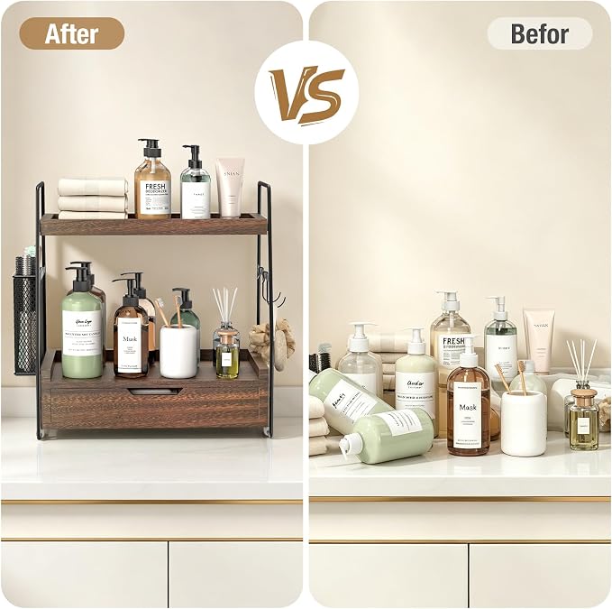 2-Tier Bathroom Counter Organizer with Drawer, Wood Counter Storage Shelf | Bathroom Vanity Organizer Countertop for Makeup, Skincare, Perfume, with Removable Basket, 13.4" x 7.9" x 14.5", Dark Brown - Image 4