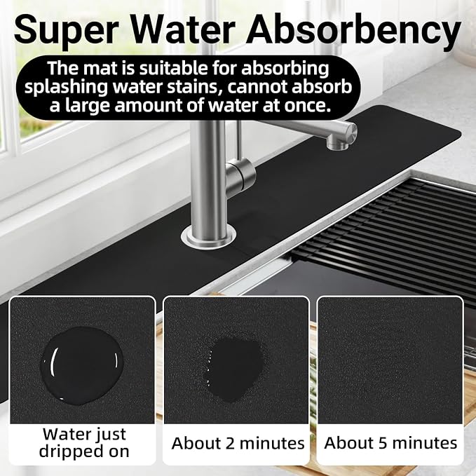 LOPNUR Cuttable Faucet Mat for Kitchen Sink, Extra Long 29 Inch, Black | Super Absorbent & Fast Dry Diatomite Sink Splash Guard, 0.8-2.4 Inch Adjustable Faucet Hole, Cut to Fit Bathroom & RV Sinks - Image 3