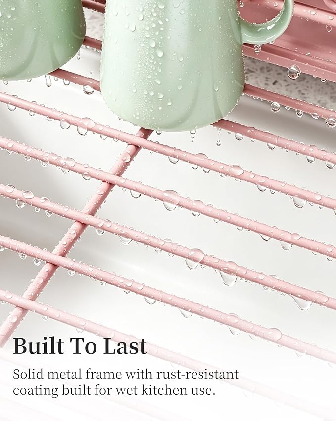 SAYZH Expandable Dish Drying Rack for Kitchen Counter, Metal, Pink | Foldable Over Sink, Large Capacity, Rust-Resistant, Adjustable for Most Sinks, Automatic Drainage, Removable Utensil Holder - Image 7