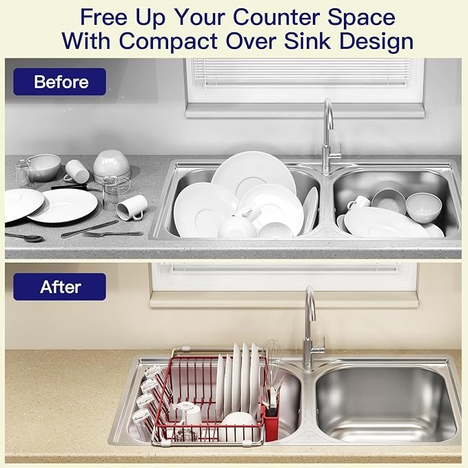 Red Dish Drying Rack Over The Sink with Utensil Holder | Expandable Stainless Steel Dish Drainer for Small Kitchen, Apartment, RV, Counter Space Saving, Perfect Fit, Rustproof - Image 2