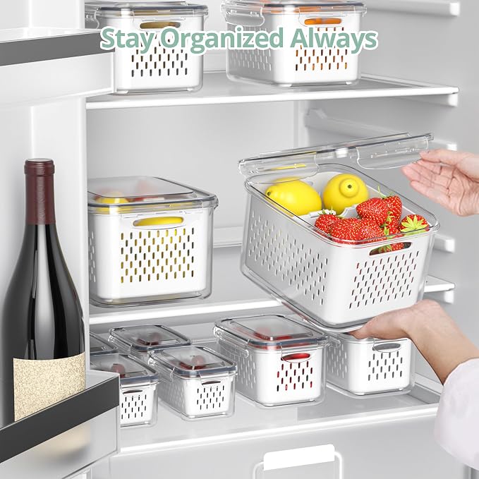 Anysig 8 Pack Fridge Fruit Storage Containers with Removable Colander | Fruit Containers for Fridge with 2 Function Divider Plate, Airtight Storage Container, Dishwasher Safe,Keep Berry Fruit Fresh - Image 5