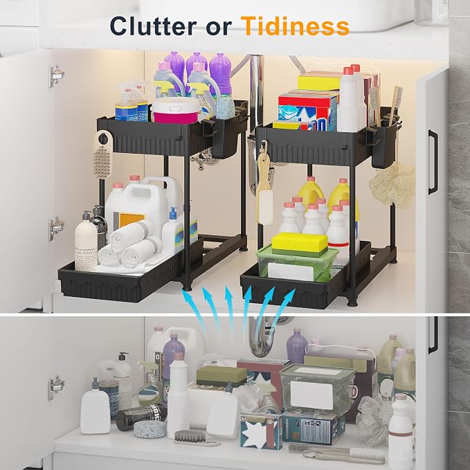 2-Pack 2-Tier Under Sink Organizers with Sliding Drawers | Multi-use kitchen & bathroom storage, 12.85 inch black cabinet organizer, space-saving sliding drawer design. - Image 2