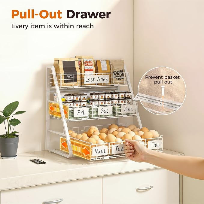 Egg Holder Countertop with 3 Pull-Out Tier Baskets, White | Sturdy Metal Frame, 5 Adjustable Dividers,7 Date Tags, Egg Basket for Gathering Fresh Eggs, Chicken Coop Accessories - Image 2
