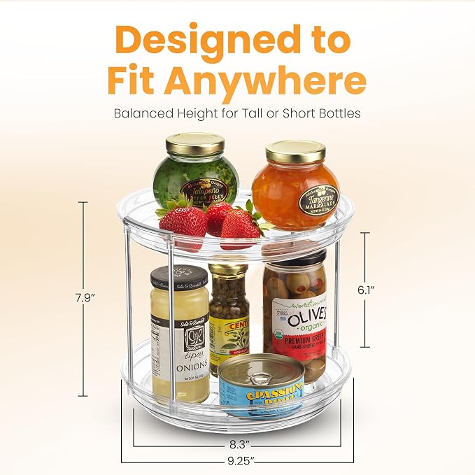 Oizeir Clear Two Tier Lazy Susan Organizer 2-Pack | Rotating Spice Rack Turntable, For Kitchen Cabinet, Countertop, Bathroom, Dining Table, Spinning Carousel Racks - Image 2