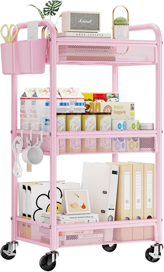3 Tier Metal Rolling Cart, Pink Utility Storage Cart with Wheels | Metal Mesh Craft Cart With Hooks & Hanging Cups, Ideal For Kitchen, Bathroom, Office, Dorm, Art Workspace, Bedside Storage by YASONIC