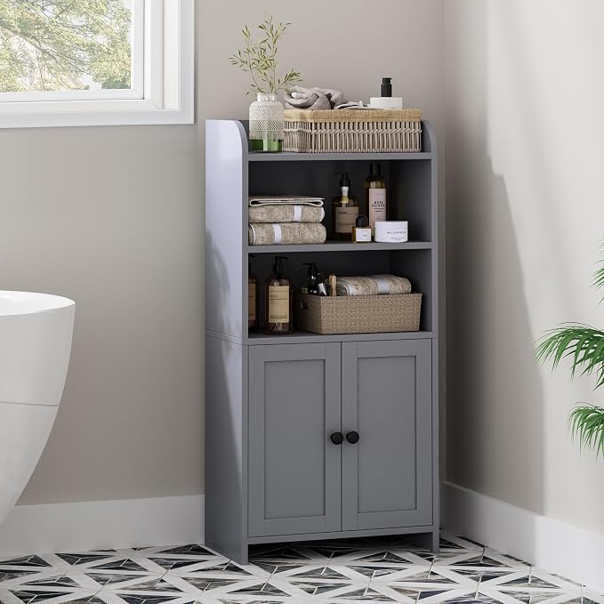 Homhedy Small Bathroom Storage Cabinet, Toilet Paper Storage Cabinet | Bathroom Floor Cabinet with Doors and Shelves, Bathroom Organizers for Small Spaces, 7.9" D x 14.6" W x 31" H, Gray - Image 8