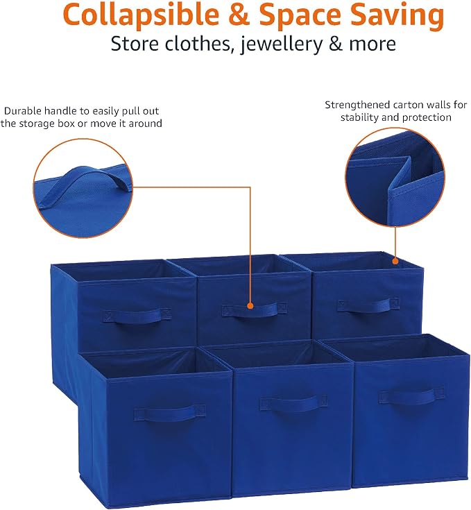 Amazon Basics Collapsible Fabric Storage Bins with Handles, Cube Organizer for Home Organization, 10.5"x10.5"x11", Navy, 6 Count (Pack of 5) - Image 5