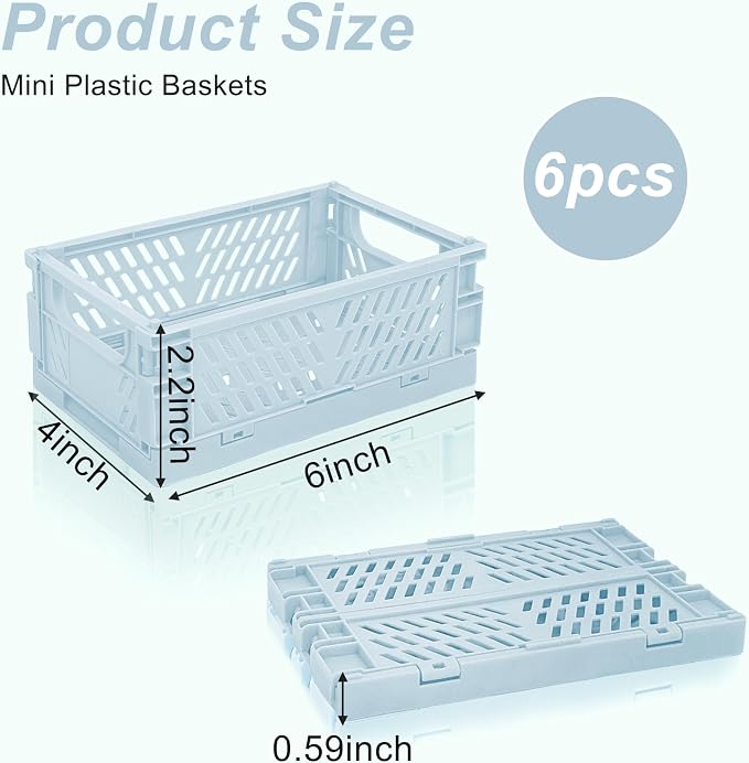 6 Pack Mini Foldable Small Plastic Baskets for Organizing and Storage，Collapsible Storage Crates,Mini Bins for Home Kitchen Bedroom Bathroom Office (Blue, Small 6x4x2.2) - Image 2