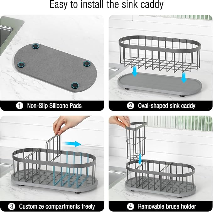 Sink Caddy Kitchen Sink Organizer, Sponge & Brush Holder, Stone Drying Mat | Space-Saving Sink Sponge Holder with Full-Size Tool Storage, Fits Most Sinks, Kitchen Sink Accessory and Countertop Organizer - Image 4