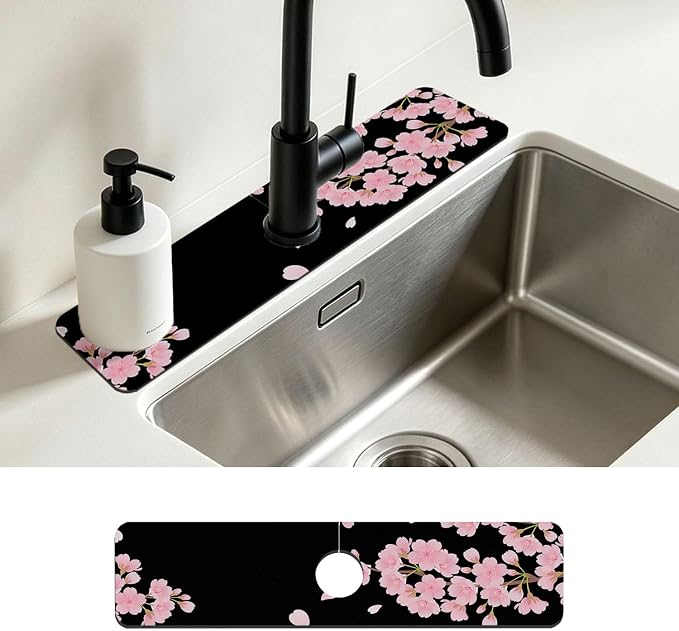 Faucet Mat for Kitchen Sink Romantic Cherry Blossoms Sink Splash Guard Behind Faucet Soft Diatom Mud Material Non-slip Easy to Clean for Bathroom & Kitchen 24"X5.5" by Unknown