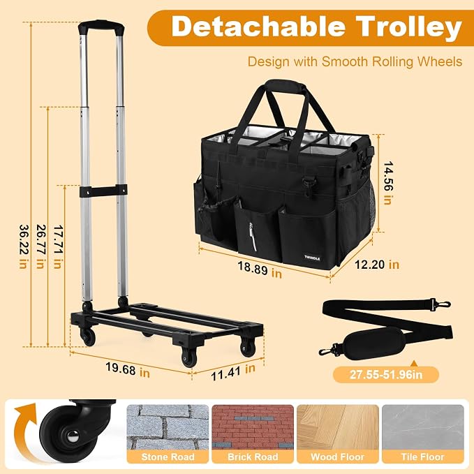 Extra-Large Rolling Cleaning Caddy with Wheels,Cleaning Caddy Bag with Detachable Trolley,Water Resistant Lining Cleaning Supply Organizer with Handle for Cleaners,Housekeepers (Black) - Image 2