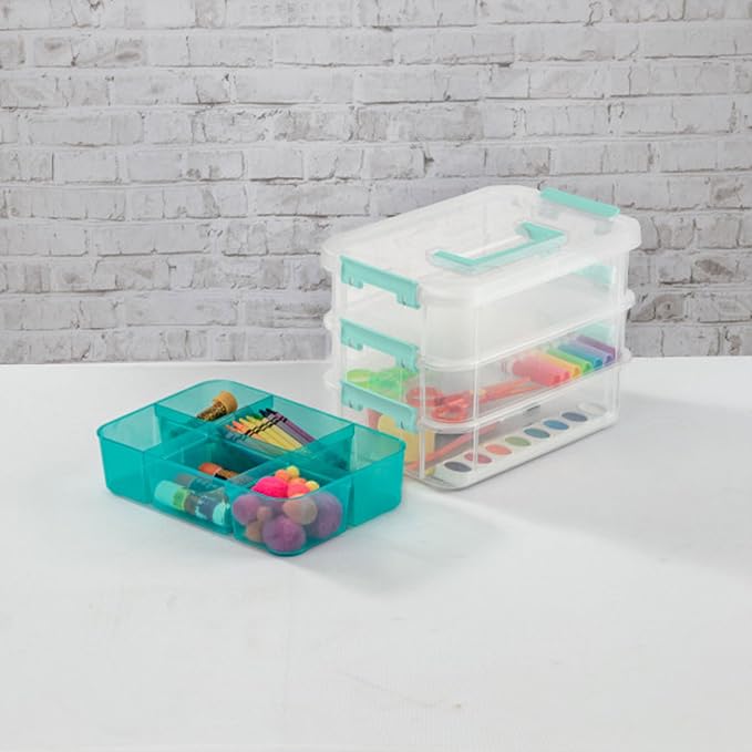 Sterilite 12 Pack Plastic Storage Box Container, 3 Layer, Stack and Carry, Clear/Blue - Image 7