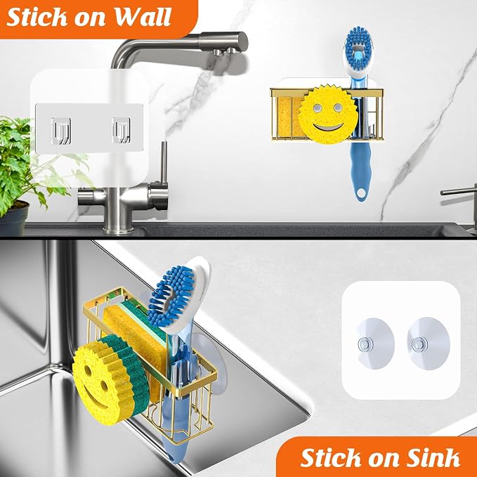 MURLONG Sponge Holder Smiley Face, Sink Caddy for Kitchen Sink, Sink Organizer Sponge Holder with 2 PCS Suction Cups/1 PCS Adhesive Strips, Designed for Sponge, Soap, Dish Brush, Scrubber-Gold - Image 7