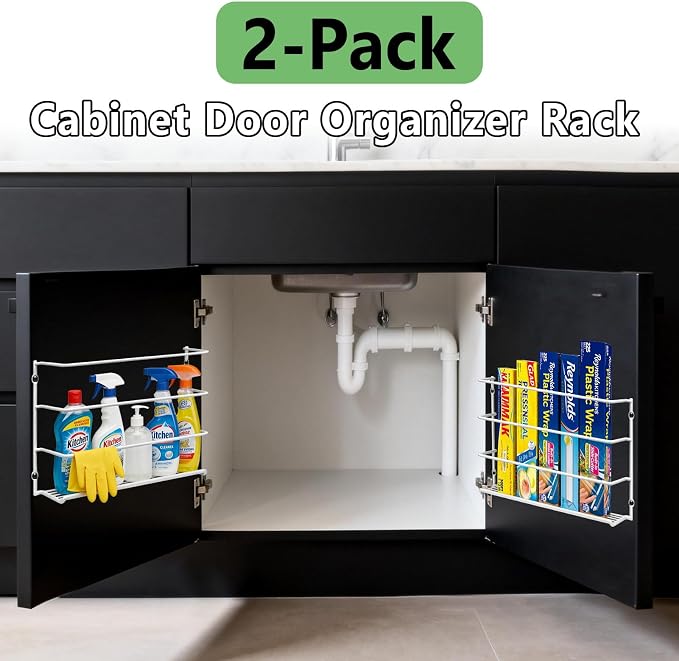 Premium 2-Pack Heavy Duty Kitchen Wrap Organizer, Extra Thick & Sturdy Metal Wire Rack for Cabinet Door, Holds Foil, Plastic Wrap, Wax Paper, Bags, Space Saving Under Sink or Pantry Storage Holder - Image 2