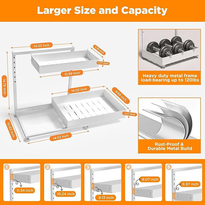 TATAANTY Under Sink Organizer, L-Shaped Metal 2-Tier Double Pull-Out Drawer for Kitchen & Bathroom Cabinets, Adjustable Height Storage - 50lbs Heavy Duty Waterproof 2PCS Height Adjustable - Image 5