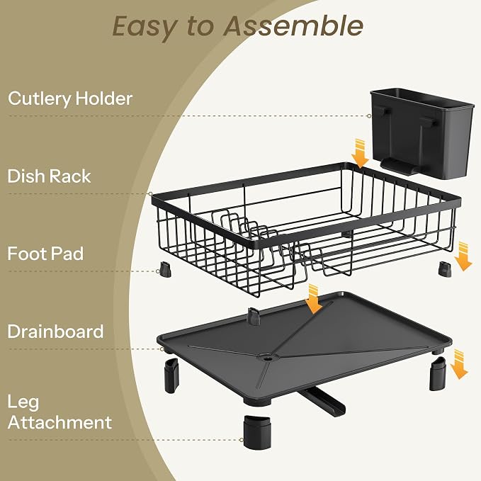 SNTD Dish Drying Rack for Small Kitchen Counter, 11" W x 15" L, Black | Space Saving, Rotating Spout & Angled Drainboard for Quick Drainage, Stainless Steel, Removable Utensil Holder - Image 7