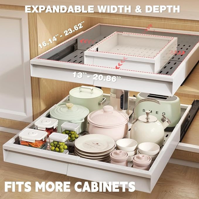Seinloes Pull Out Cabinet Organizer, 4-Side Expandable to Fit Most Cabinets, 3 Rail Slide Out Drawers with Raising Pad for Framed & Frameless Cabinets, 13"-21"W x 17"-24"D, White, 4 Pack - Image 2