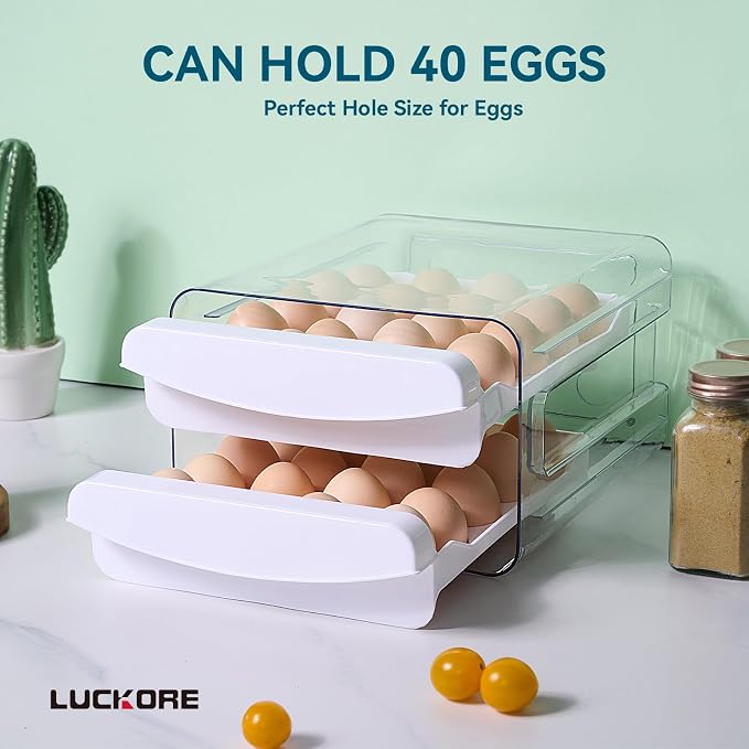 Luckore 2 Tier Egg Holder for Fridge Container for 40 Eggs with Drawer | Clear Stackable Egg Organizer Holder Tray for Fridge, Storage Container with Handles for Refrigerator, Countertop - Image 2
