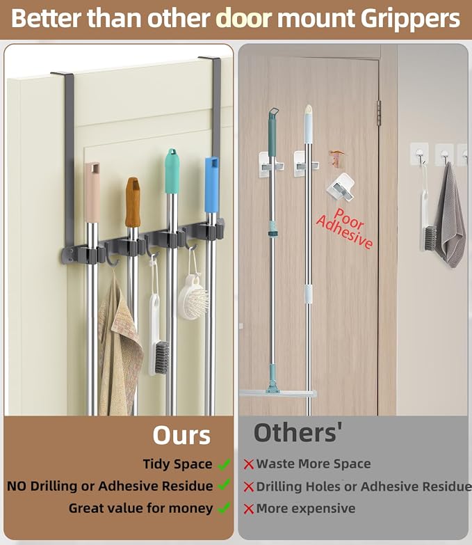 Broom Holder Over The Door with Hooks -304 Stainless Steel (Space grey) | Save Space, Anti-Rust & Sturdy, Mop and Broom Holder Wall Mounted or Hanging Over The Door, for Garage Laundry Kitchen - Image 7