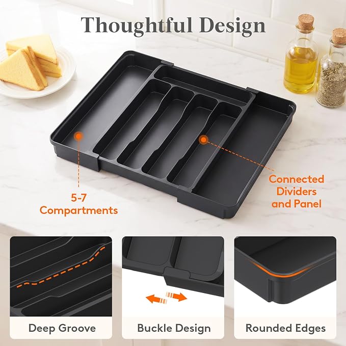 Lifewit Silverware Organizer for Drawer, Expandable Utensil Tray, BPA-Free Adjustable Cutlery Holder for Kitchen Storage, 8.1-13.9 x 11.3, Black - Image 9