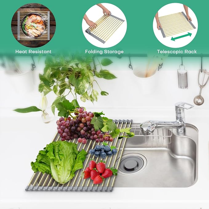 Large Expandable Roll Up Dish Drying Rack, Heat-Resistant Dish Drainer for Stainless Steel Sinks, Over The Sink Non-Slip Silicone Rollable Dish Drainer Roll Rack 18 Tube Gray Silicone & Gold Tube - Image 5